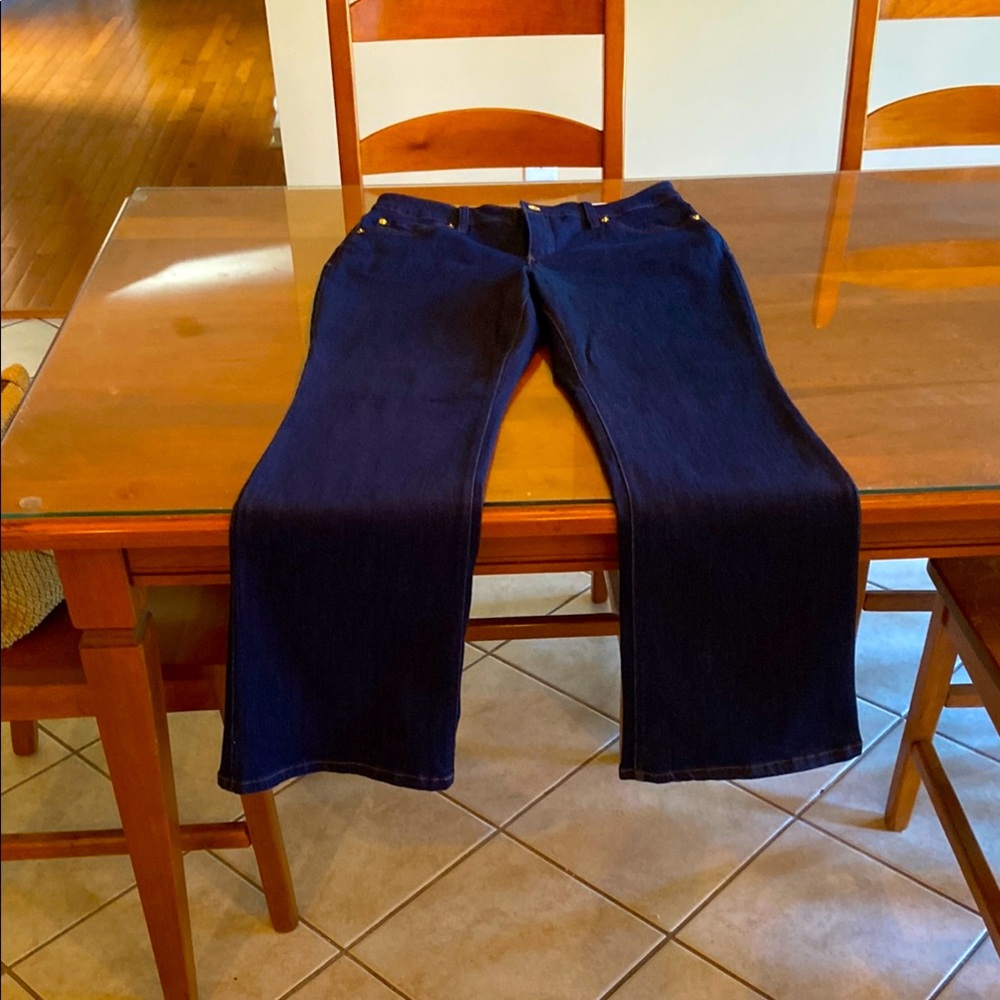 INC Dark Wash Straight Leg Jeans. Mostly Cotton with Just Enough Stretch.